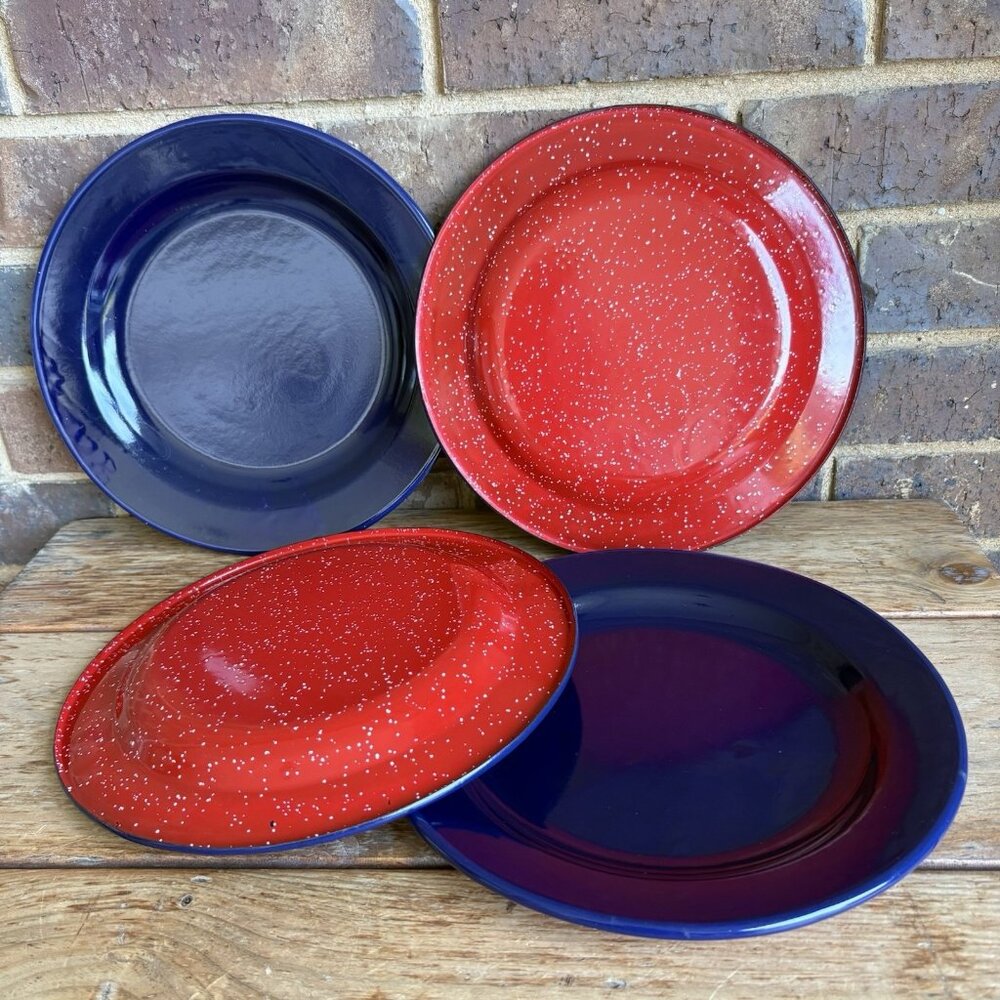 Enamelware Deep Plates Dark Blue Top Red Splatterware Bottom Lot Of 4 READ